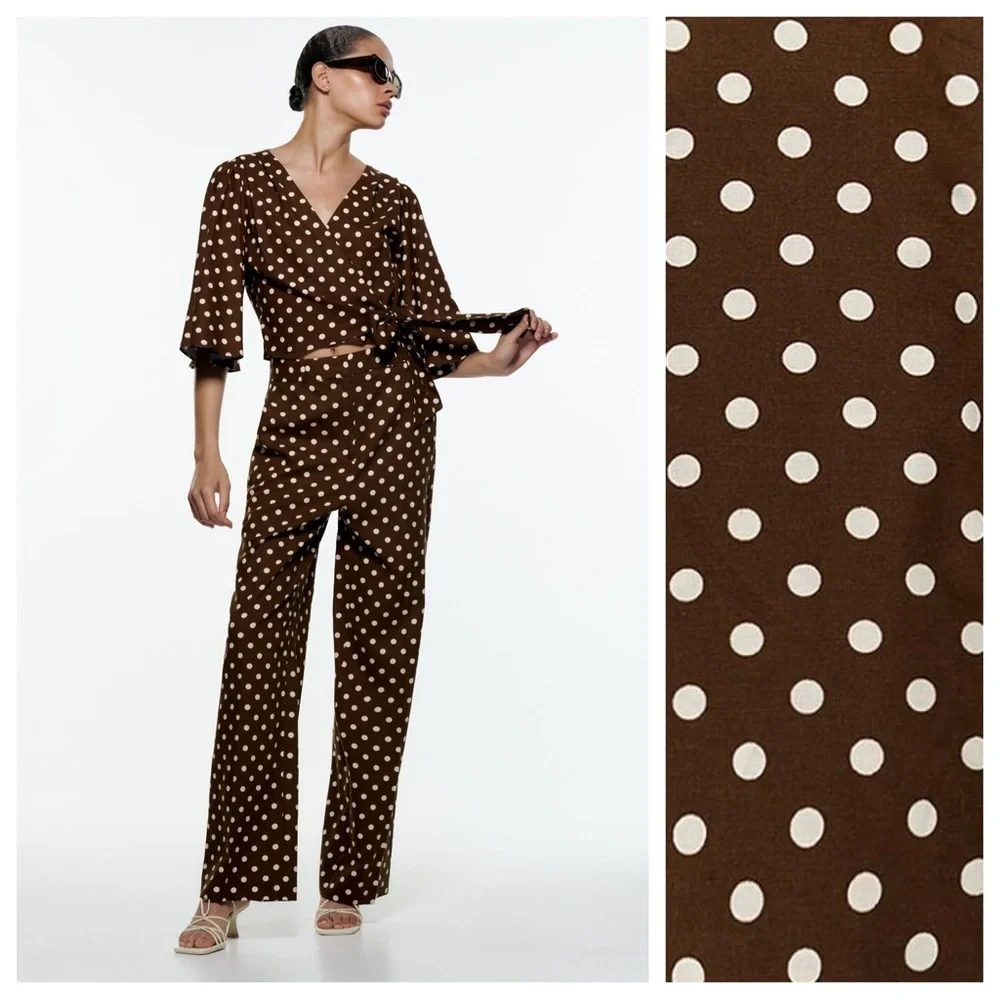 NWT. Zara Brown/Cream Polka Dots Crop Top with Bow. Size L. - Picture 3 of 12
